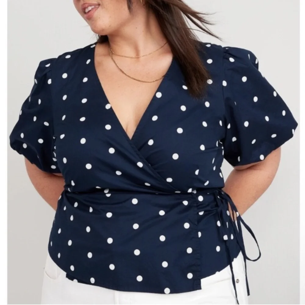 Old Navy Navy White Dots Waist Defined Puff Short Sleeve Tie-Wrap Blouse